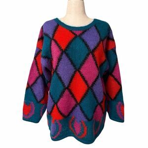 Vintage 80’s The Limited Mohair Wool Sweater Harlequin Diamond Colorblock M/L